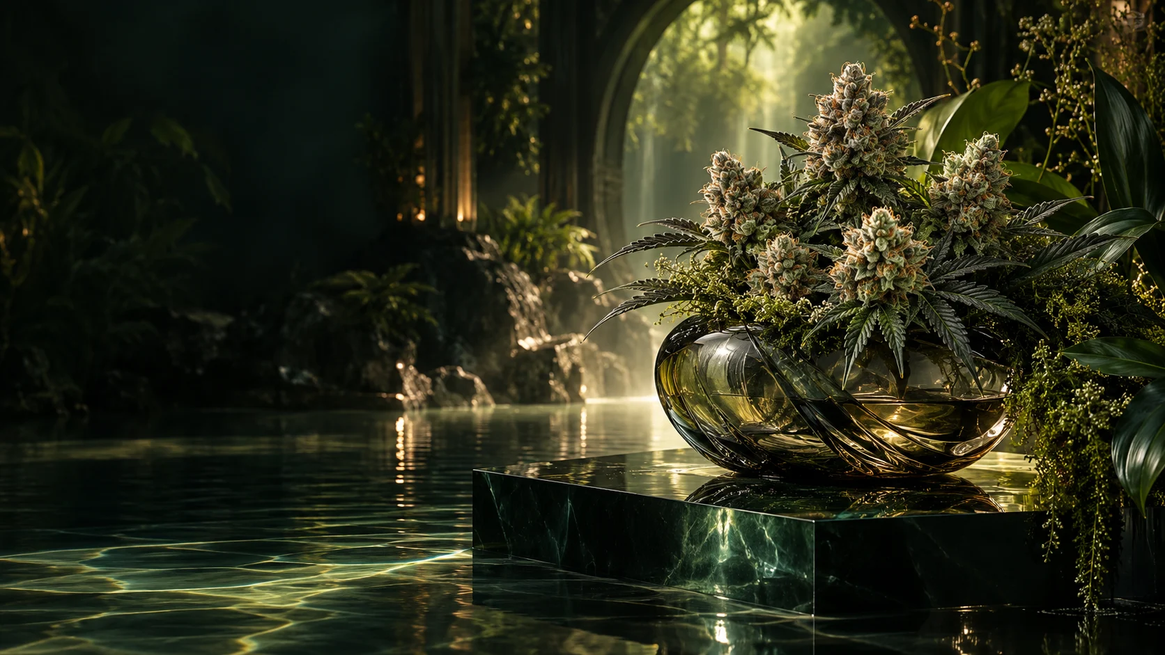 Premium cannabis flower in a botanical setting