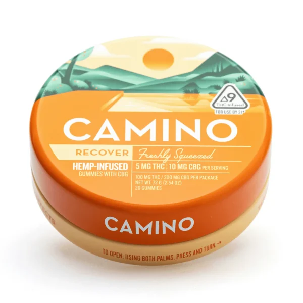 Camino-Delta-9-and-CBG-Recover-Gummies-Freshly-Squeezed-100-mg-Delta-9-THC-200-mg-CBG-Total-tin-front.webp Camino Delta 9 THC and CBG Recover Gummies – Freshly Squeezed