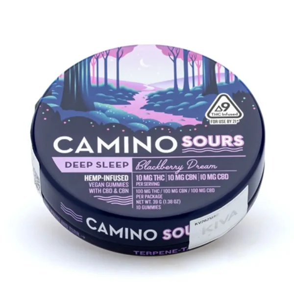 Camino-Sours-Delta-9-THC-CBD-and-CBN-Deep-Sleep-Gummies-Blackberry-Dream-Can-Front.webp Camino Sours Delta 9 THC, CBD and CBN Deep Sleep Gummies – Blackberry Dream