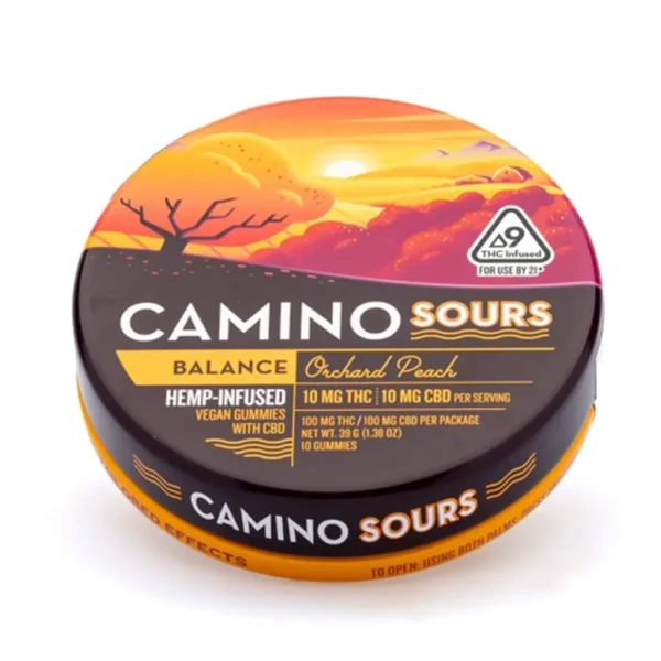 Camino-Sours-Delta-9-THC-and-CBD-Balance-Gummies-Orchard-Peach-Can-Front.webp Camino Sours Delta 9 THC and CBD Balance Gummies – Orchard Peach