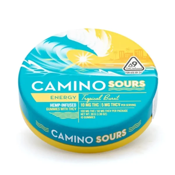 Camino-Sours-Delta-9-THC-and-THCv-Energy-Gummies-Tropical-Burst-Can-Front.webp Camino Sours Delta 9 THC and THCv Energy Gummies – Tropical Burst