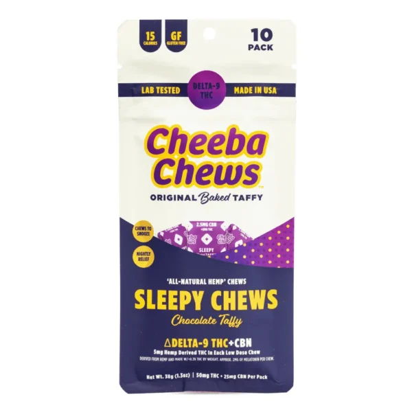 Cheeba-Chews-Delta-9-and-CBN-Chocolate-Taffy-Sleepy-Chew-50-mg-Total-Cannabinoids-bag-front.webp Cheeba Chews Delta 9 and CBN Chocolate Taffy – Sleepy Chew (50 mg Total Cannabinoids)