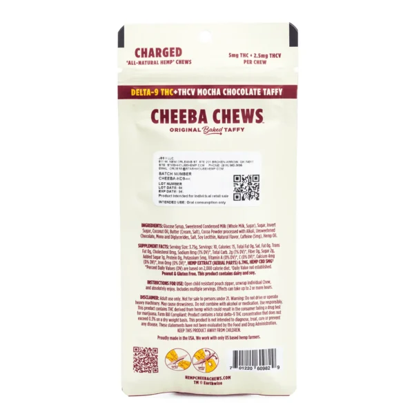 Cheeba Chews Delta 9 and THCv Mocha Chocolate Taffy – Charged (50 mg Total Cannabinoids)