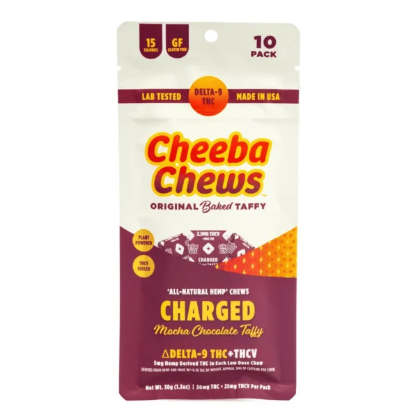 Cheeba Chews Delta 9 and THCv Mocha Chocolate Taffy – Charged (50 mg Total Cannabinoids)