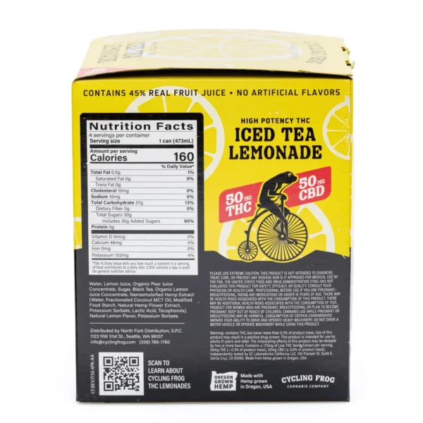Cycling Frog High Potency THC + CBD Seltzer 4 Pack – Iced Tea Lemonade (200 mg Delta 9 THC + 200 mg CBD Total)