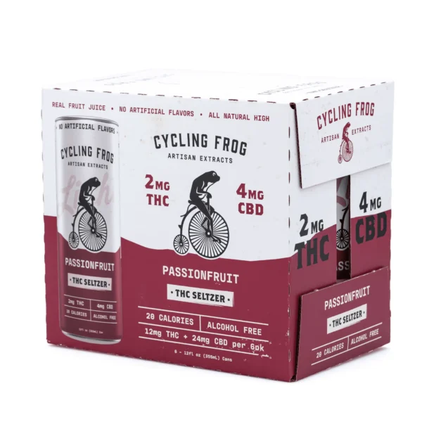Cycling-Frog-THC-CBD-Light-Seltzer-6-Pack-Passionfruit-12-mg-Delta-9-THC-24-mg-CBD-Box-Front.webp Cycling Frog THC + CBD Light Seltzer 6 Pack – Passionfruit (12 mg Delta 9 THC + 24 mg CBD Total)