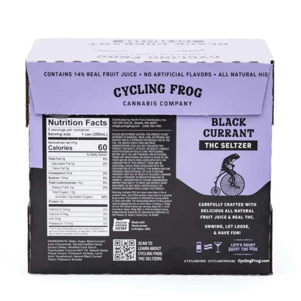 Cycling-Frog-THC-CBD-Seltzer-6-Pack-Black-Currant-box-back-scaled-1.webp Cycling Frog THC + CBD Seltzer 6 Pack – Black Currant (30 mg Delta 9 THC + 60 mg CBD Total)