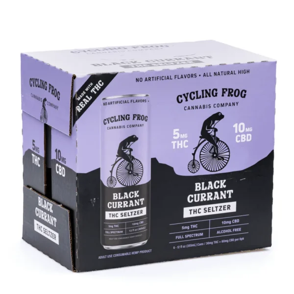 Cycling-Frog-THC-CBD-Seltzer-6-Pack-Black-Currant-box-front-scaled-1.webp Cycling Frog THC + CBD Seltzer 6 Pack – Black Currant (30 mg Delta 9 THC + 60 mg CBD Total)