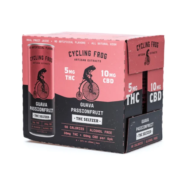 Cycling-Frog-THC-CBD-Seltzer-6-Pack-Guava-Passionfruit-30-mg-Delta-9-THC-60-mg-CBD-Total-Box-Front.webp Cycling Frog THC + CBD Seltzer 6 Pack – Guava Passionfruit (30 mg Delta 9 THC + 60 mg CBD Total)