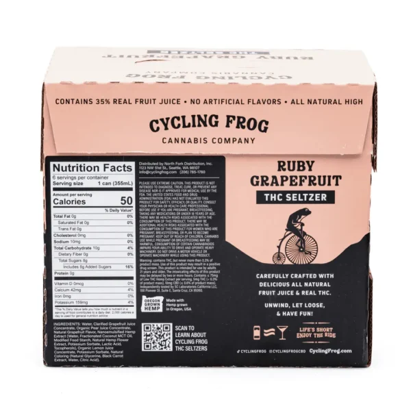 Cycling Frog THC + CBD Seltzer 6 Pack – Ruby Grapefruit (30 mg Delta 9 THC + 60 mg CBD Total)