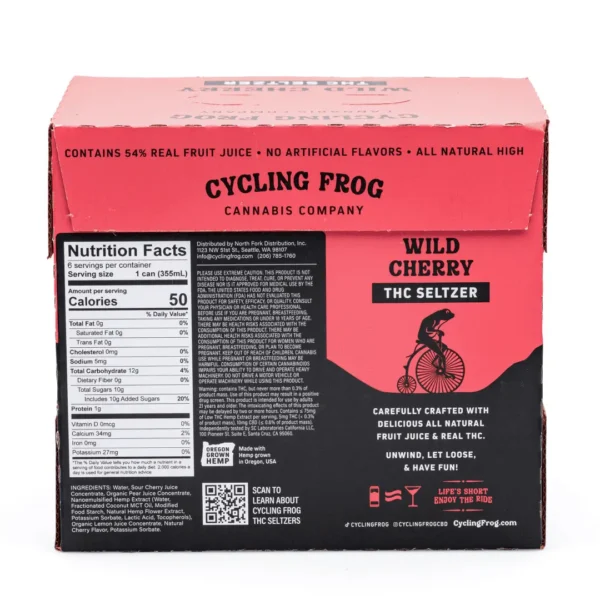 Cycling-Frog-THC-CBD-Seltzer-6-Pack-Wild-Cherry-box-back-scaled-1.webp Cycling Frog THC + CBD Seltzer 6 Pack – Wild Cherry (30 mg Delta 9 THC + 60 mg CBD Total)