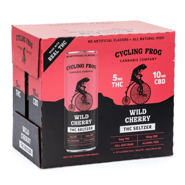 Cycling-Frog-THC-CBD-Seltzer-6-Pack-Wild-Cherry-box-front-scaled-1.webp Cycling Frog THC + CBD Seltzer 6 Pack – Wild Cherry (30 mg Delta 9 THC + 60 mg CBD Total)