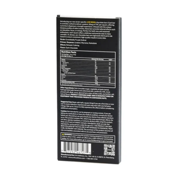 Erth-Wellness-Delta-9-THC-Live-Resin-Chocolate-Bar-Granddaddy-Purple-Indica-box-back.webp Erth Wellness Delta 9 THC Live Resin Chocolate Bar – Granddaddy Purple Indica