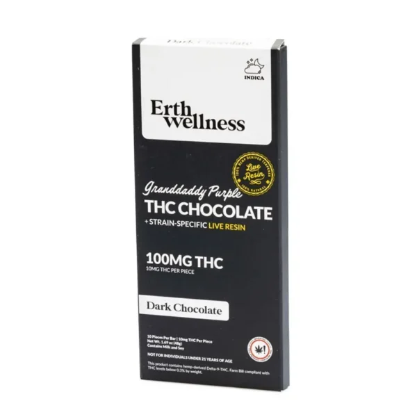 Erth-Wellness-Delta-9-THC-Live-Resin-Chocolate-Bar-Granddaddy-Purple-Indica-box-front.webp Erth Wellness Delta 9 THC Live Resin Chocolate Bar – Granddaddy Purple Indica