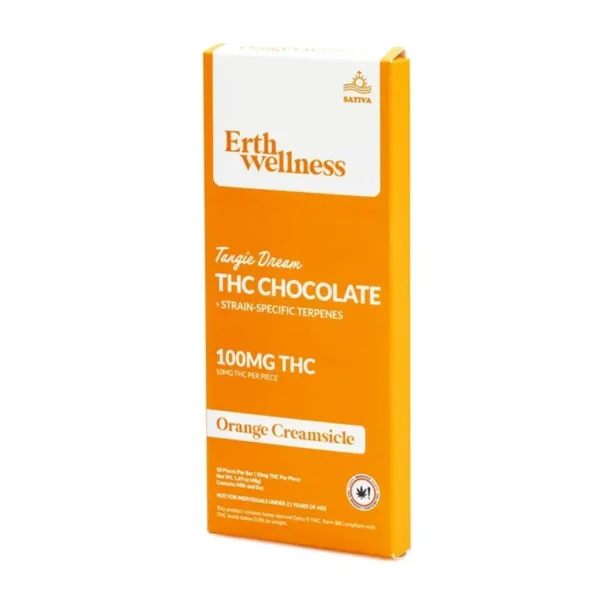 Erth-Wellness-Delta-9-THC-Live-Resin-Chocolate-Bar-Tangie-Dream-Sativa-box-front.webp Erth Wellness Delta 9 THC Live Resin Chocolate Bar – Tangie Dream Sativa