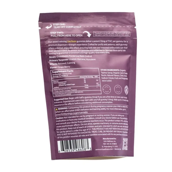 Erth Wellness Delta 9 THC Live Resin Gummies – Granddaddy Purple