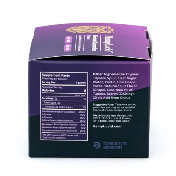 Hemplucid-Focus-Mushroom-Gummies-E28093-Grape-450-mg-Total-CBG-150-mg-Total-CBD-Box-Back.webp Hemplucid Focus Mushroom Gummies – Grape (450 mg Total CBG + 150 mg Total CBD)