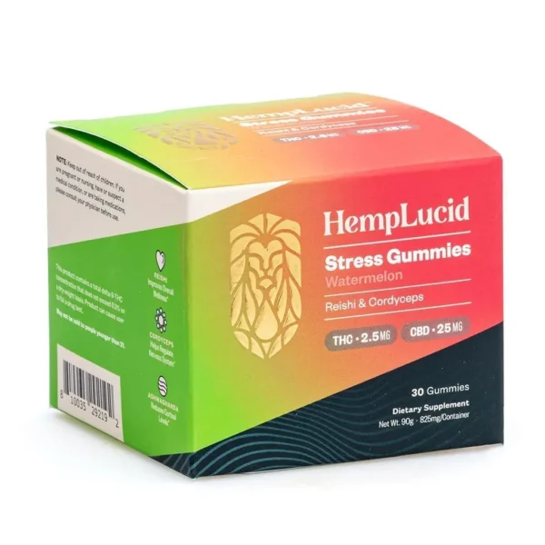 Hemplucid-Stress-Mushroom-Gummies-E28093-Watermelon-750-mg-Total-CBD-75-mg-Total-Delta-9-THC-box-front.webp Hemplucid Stress Mushroom Gummies – Watermelon (750 mg Total CBD + 75 mg Total Delta 9 THC)