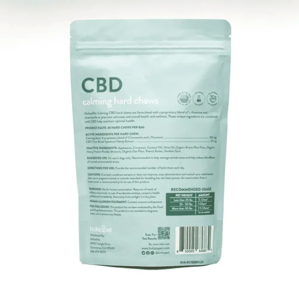 Holistapet-CBD-Calming-Hard-Chews-Peanut-Butter-Bag-Back.webp HolistaPet CBD Dog Treats + Calming Relief (300 mg Total CBD)