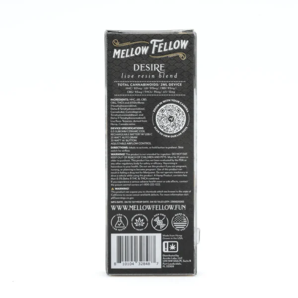 Mellow-Fellow-2-gram-Desire-Blend-Live-Resin-Disposable-Vape-Cali-Gas-Box-Back.webp Mellow Fellow Desire Blend Live Resin Disposable Vape – Cali Gas