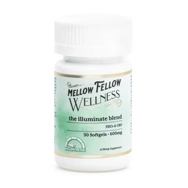 Mellow-Fellow-Wellness-Softgel-Capsules-Illuminate-Blend-600-mg-Total-Cannabinoids-Jar-Front.webp Mellow Fellow Wellness Softgel Capsules – Focus Blend (600 mg Total Cannabinoids)