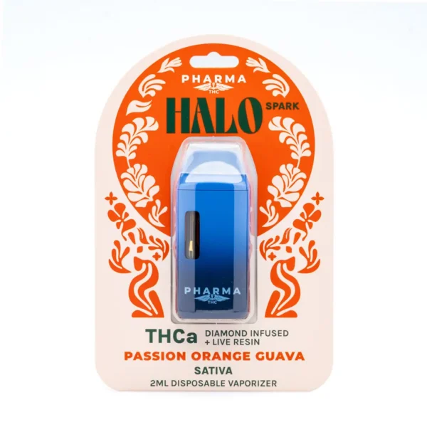 PharmaTHC-THCa-Diamond-Infused-and-Live-Resin-Halo-Spark-Disposable-Vape-Passion-Orange-Guav-box-front.webp PharmaTHC THCa Diamond Infused and Live Resin Halo Spark Disposable Vape – Passion Orange Guava
