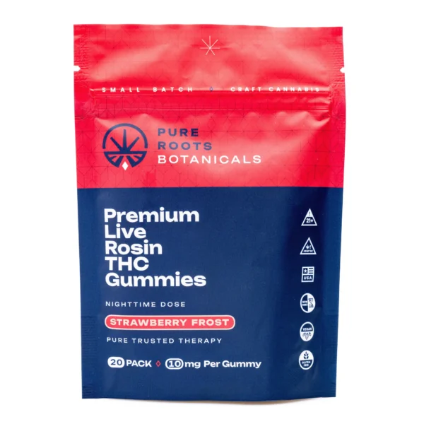 Pure-Roots-Botanicals-THC-Live-Rosin-Gummies-Strawberry-Frost-200-mg-Total-Delta-9-THC-bag-front.webp Pure Roots Botanicals THC Live Rosin Gummies – Strawberry Frost (200 mg Total Delta 9 THC)
