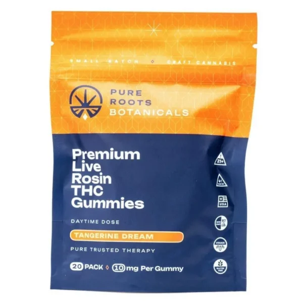 Pure-Roots-Botanicals-THCa-Live-Rosin-Gummies-Tangerine-Dream-200-mg-Total-Delta-9-THC-bag-front-scaled-1.webp Pure Roots Botanicals THC Live Rosin Gummies – Tangerine Dream (200 mg Total Delta 9 THC)