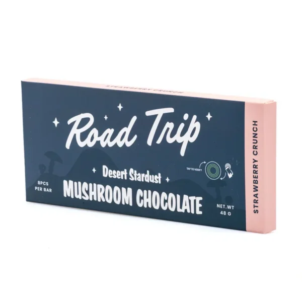 Road-Trip-Desert-Stardust-Mushroom-Chocolate-Bar-Strawberry-Crunch-box-front.webp Road Trip Desert Stardust Mushroom Chocolate Bar – Strawberry Crunch
