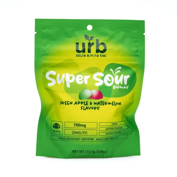 Urb Delta 8 / Delta 9 / Delta 10 THC Super Sour Gummies – Green Apple and Watermelon (750 mg Total Cannabinoids)