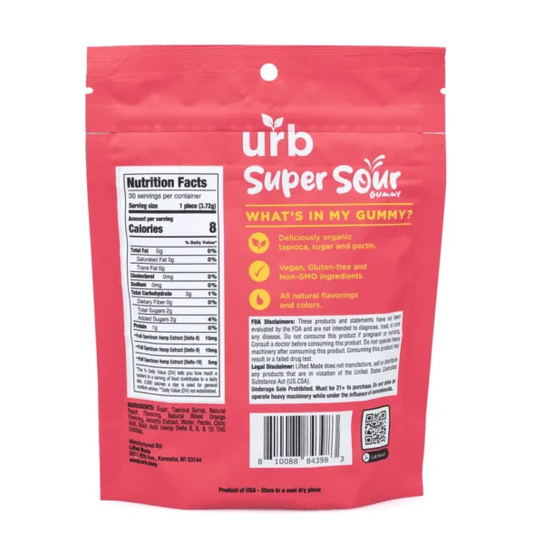 Urb Delta 8 / Delta 9 / Delta 10 THC Super Sour Gummies – Peach and Blood Orange (750 mg Total Cannabinoids)