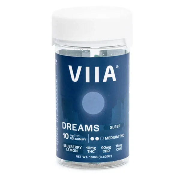 Viia-Delta-9-CBD-CBN-Dreams-Sleep-Gummies-10-mg-THC-Jar-Front.webp VIIA Delta 9 / CBD / CBN Dreams Sleep Gummies – 10 mg THC