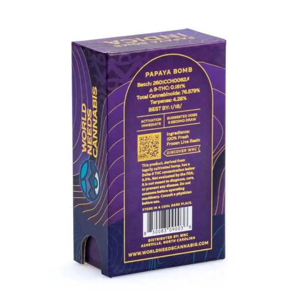 WNC-2-gram-THCa-Live-Resin-Disposable-Papaya-Bomb-box-back.webp WNC 2 gram THCa Live Resin Disposable – Papaya Bomb