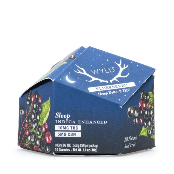 Wyld-Delta-9-CBN-Sleep-Gummies-Elderberry-10-Count-100-mg-Delta-9-THC-50-mg-CBN-Total-Box-Front.webp Wyld Delta 9 / CBN Sleep Gummies – Elderberry – 10 Count (100 mg Delta 9 THC + 50 mg CBN Total)