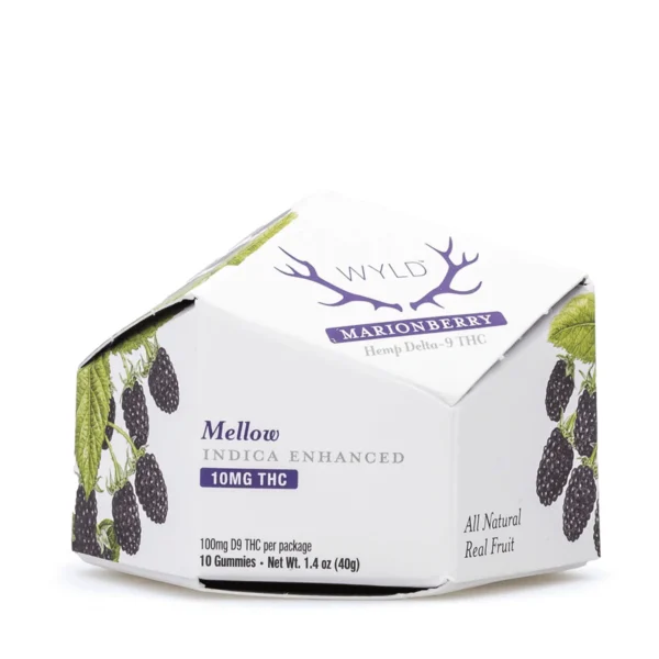 Wyld-Delta-9-THC-Mellow-Indica-Gummies-Marionberry-10-Count-100-mg-Delta-9-THC-Total-Box-Front.webp Wyld Delta 9 THC Mellow Indica Gummies – Marionberry – 10 Count (100 mg Delta 9 THC Total)